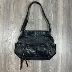 B. Makowsky Black Pebbled Leather Shoulder Bag w/ Silver Details‎